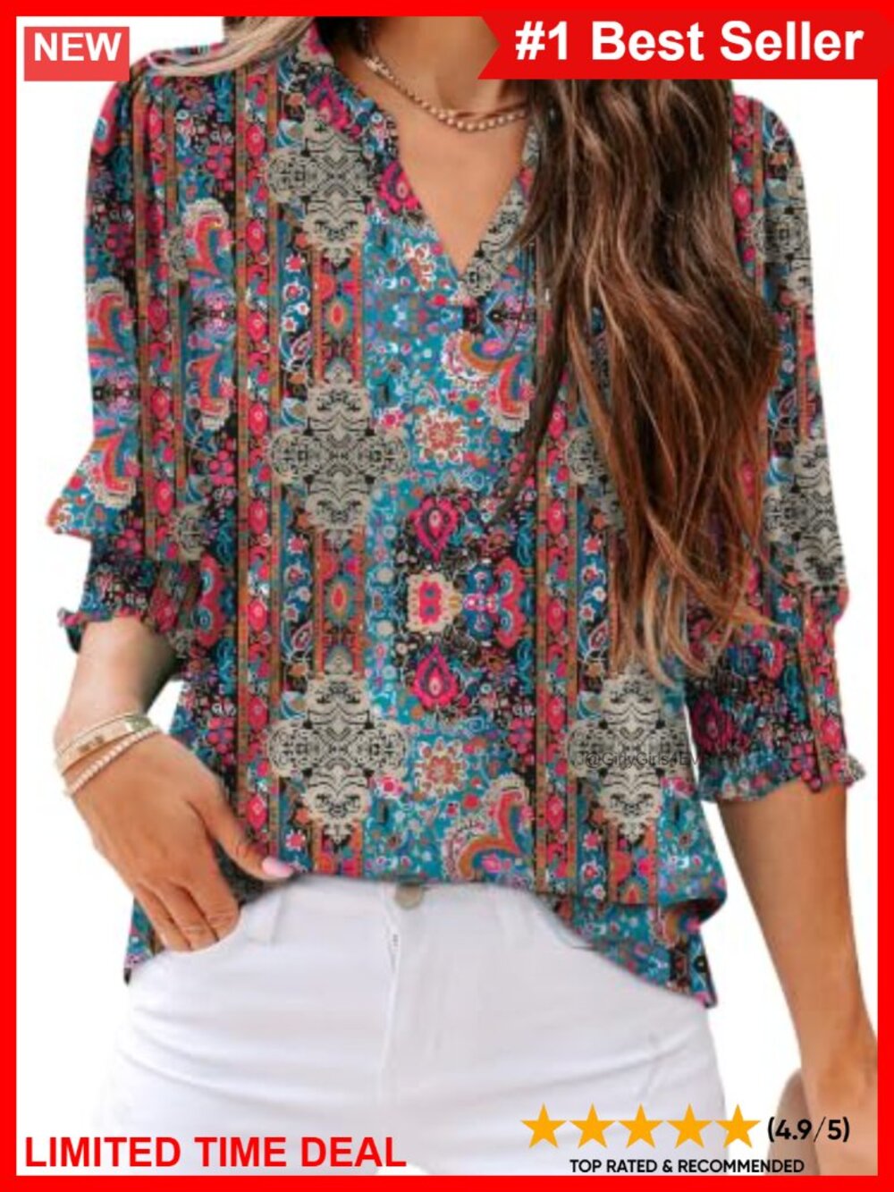 Women's 3/4 Sleeve V-Neck Tunic Top Puff Shoulder Smocked Cuff Blouse